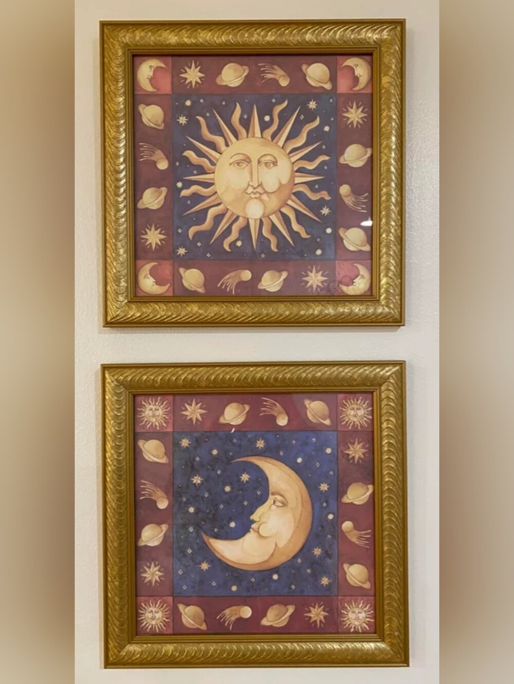 2-VTG 90s Celestial Moon And Sun Mary Beth Zeitz Framed 14.5 X 14.5 Large Rare!